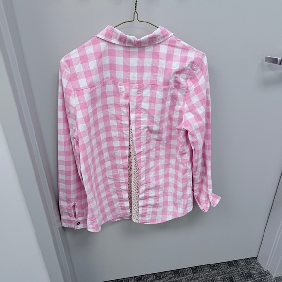Lori & Mari Boutique Pink Checkered Shirt with open back Lace detail‎ Sz Large - Picture 6 of 10